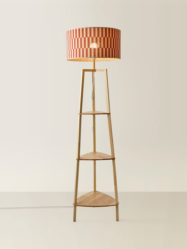 Natural Shelved Floor Lamp with Orange Bamboo Shade