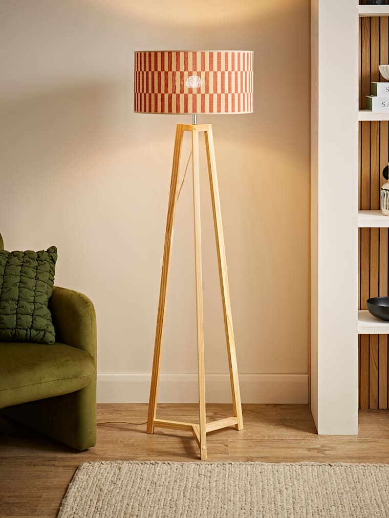 Natural Tripod Floor Lamp with Orange Bamboo Shade