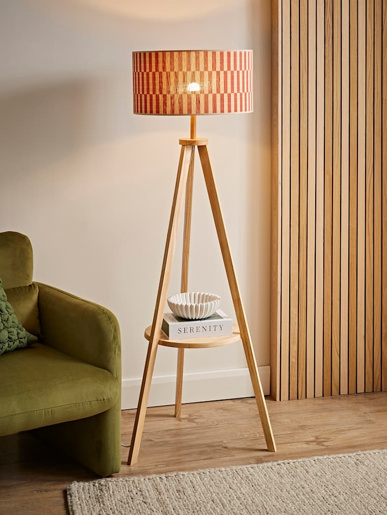 Light Wood Floor Lamp with Orange Bamboo Shade