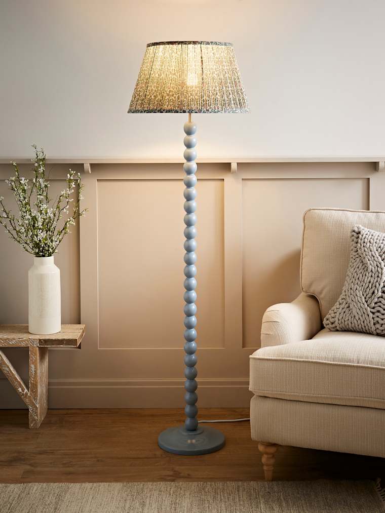 Powder Blue Bobbin Floor Lamp with Floral Print Pleated Shade