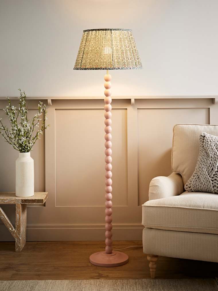 Rose Pink Bobbin Floor Lamp with Floral Print Pleated Shade