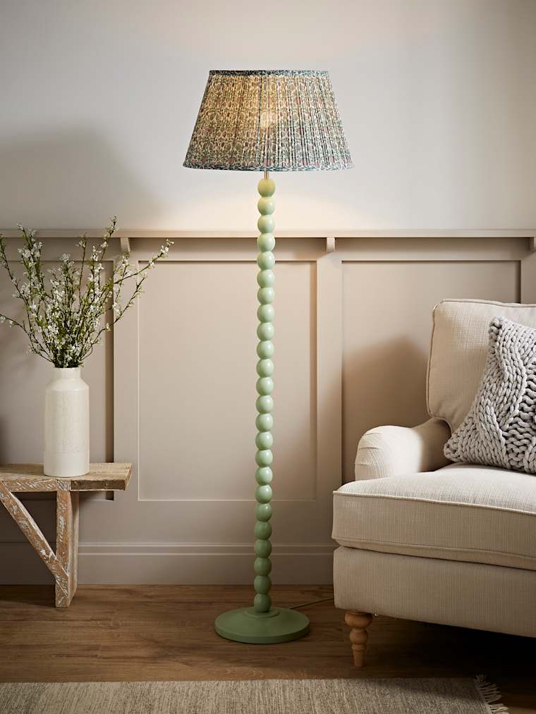 Sage Green Bobbin Floor Lamp with Floral Print Pleated Shade