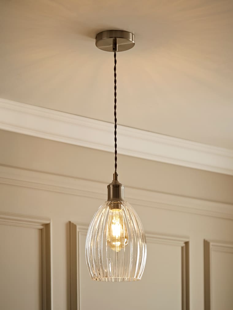 Silver Ribbed Glass Dome Pendant Ceiling Light