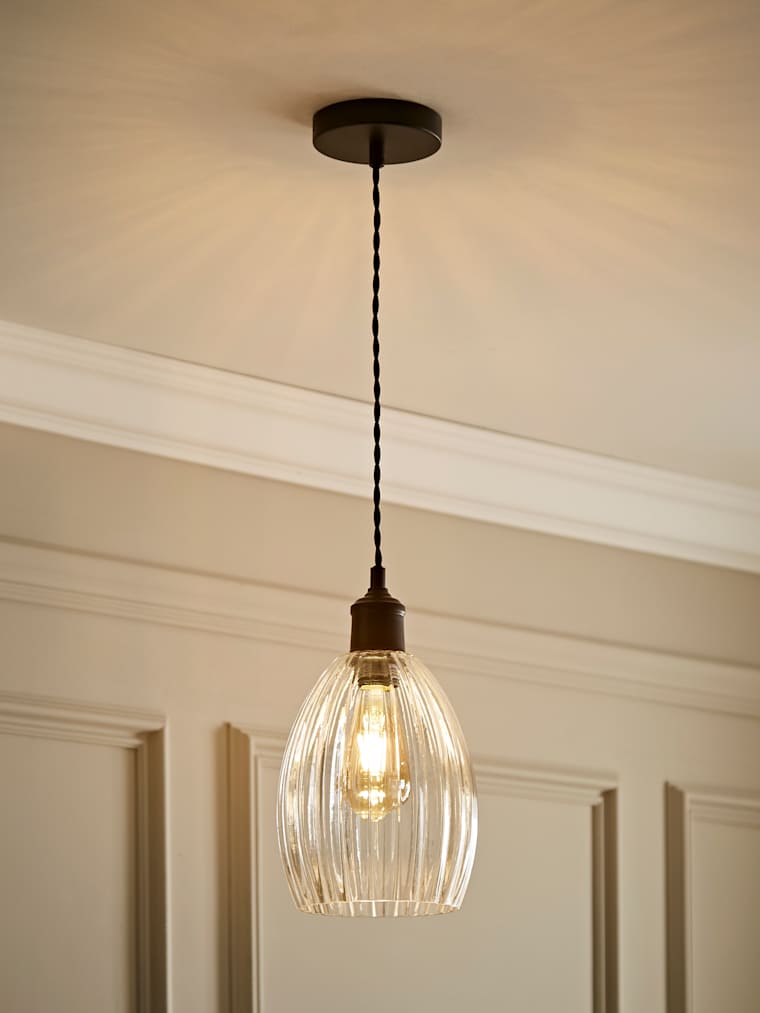 Black Ribbed Glass Dome Pendant Ceiling Light