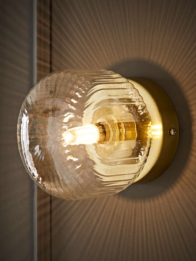 Pair of Brushed Gold and Ribbed Glass Flush Wall Lights