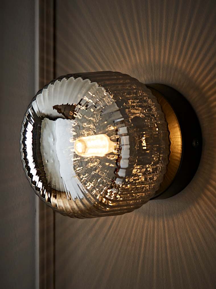 Pair of Matte Black and Ribbed Smoked Glass Flush Wall Lights