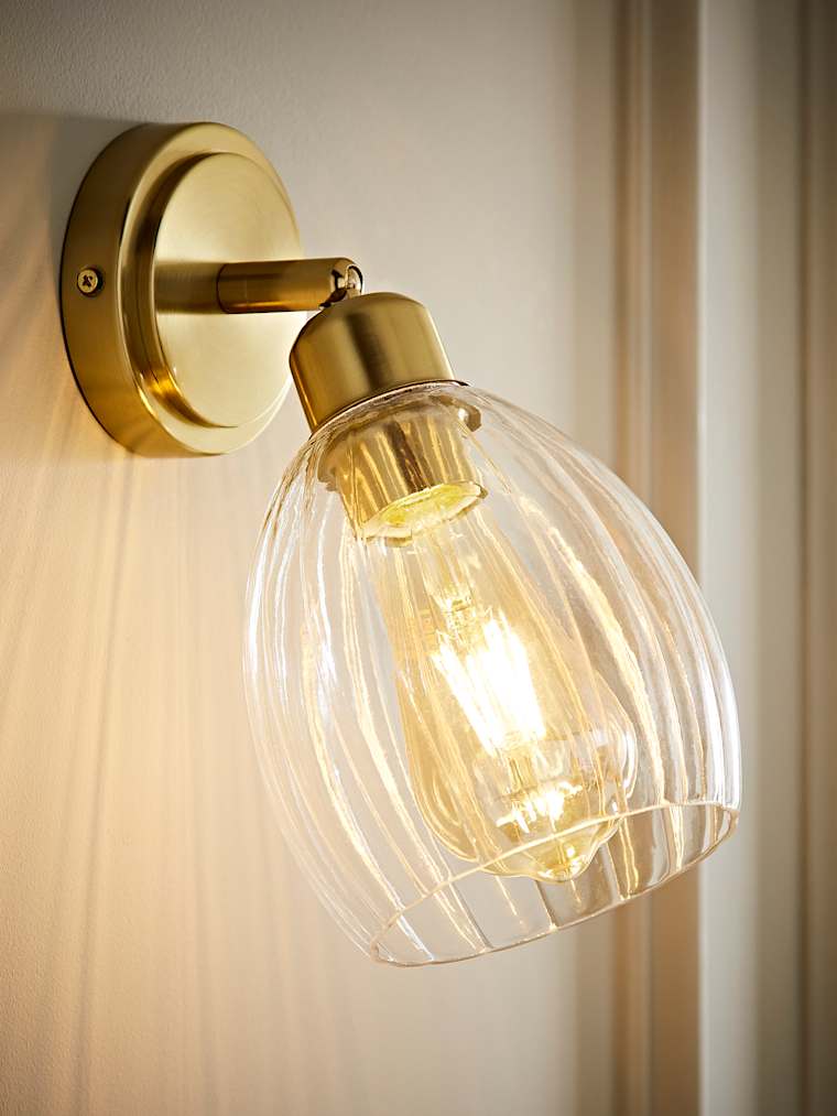 Pair of Brushed Gold and Ribbed Glass Dome Adjustable Wall Lights