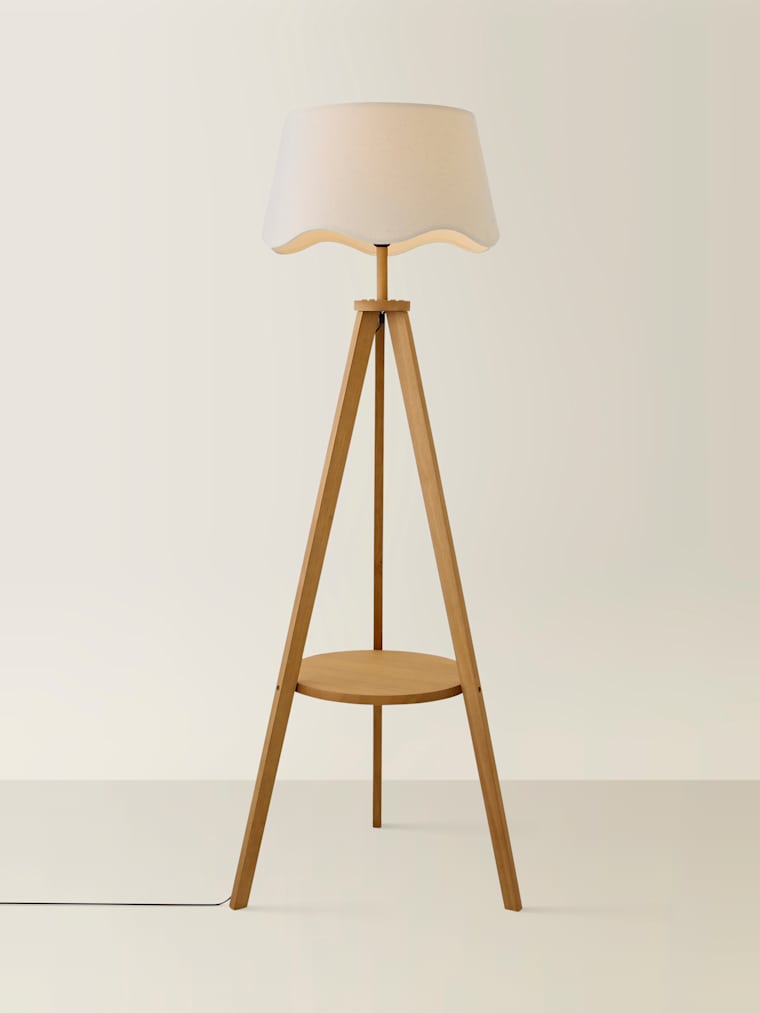 Mid Wood Tripod Floor Lamp with Natural Linen Scalloped Shade