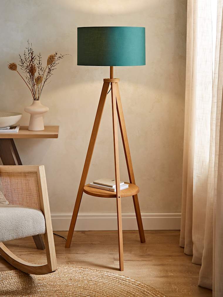 Mid Wood Tripod Floor Lamp with Forest Green Shade