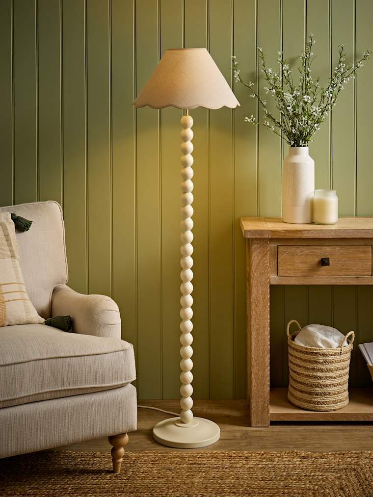 Cream Bobbin Floor Lamp with Natural Trim Scallop Shade
