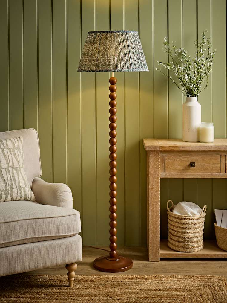 Walnut Bobbin Floor Lamp with Floral Print Shade