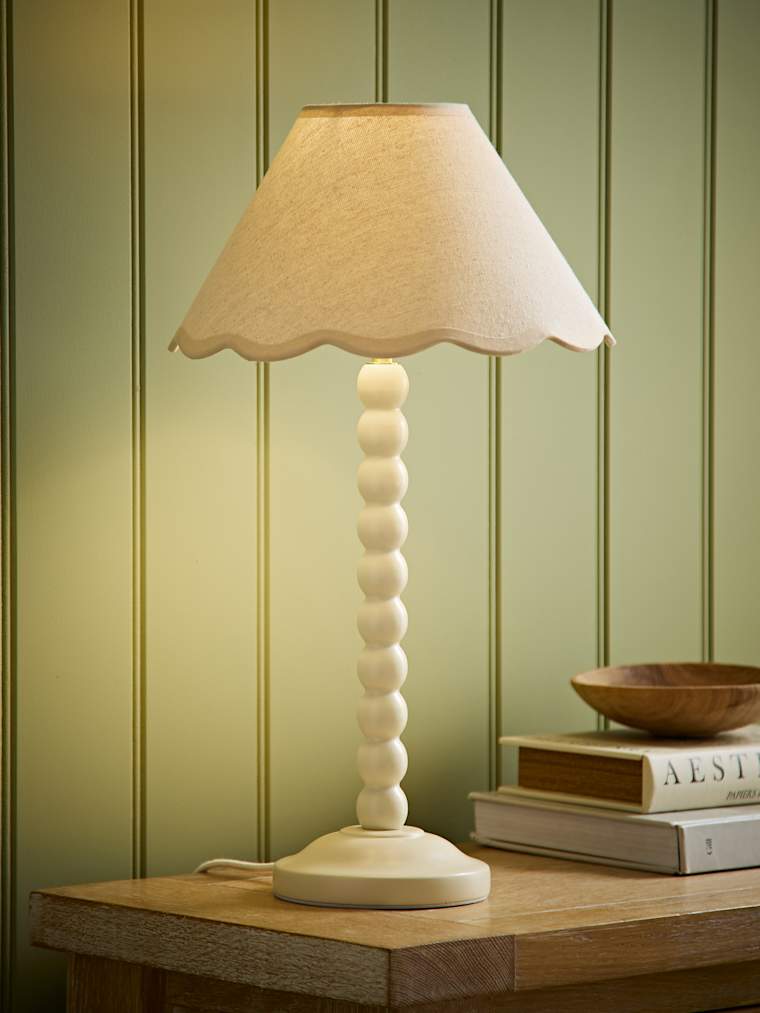 Cream Bobbin Table Lamp with Natural Trim Scallop Shade