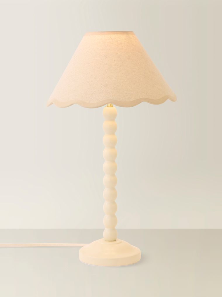 Cream Bobbin Table Lamp with Natural Trim Scallop Shade