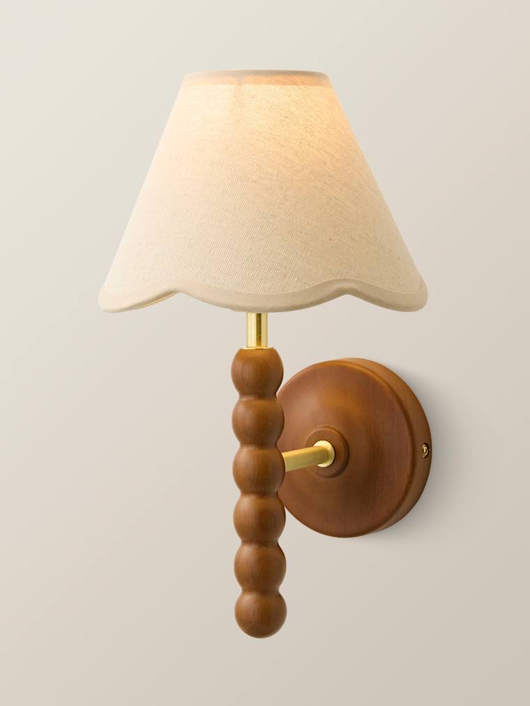 Walnut Bobbin Wall Light with Natural Trim Scallop Shade