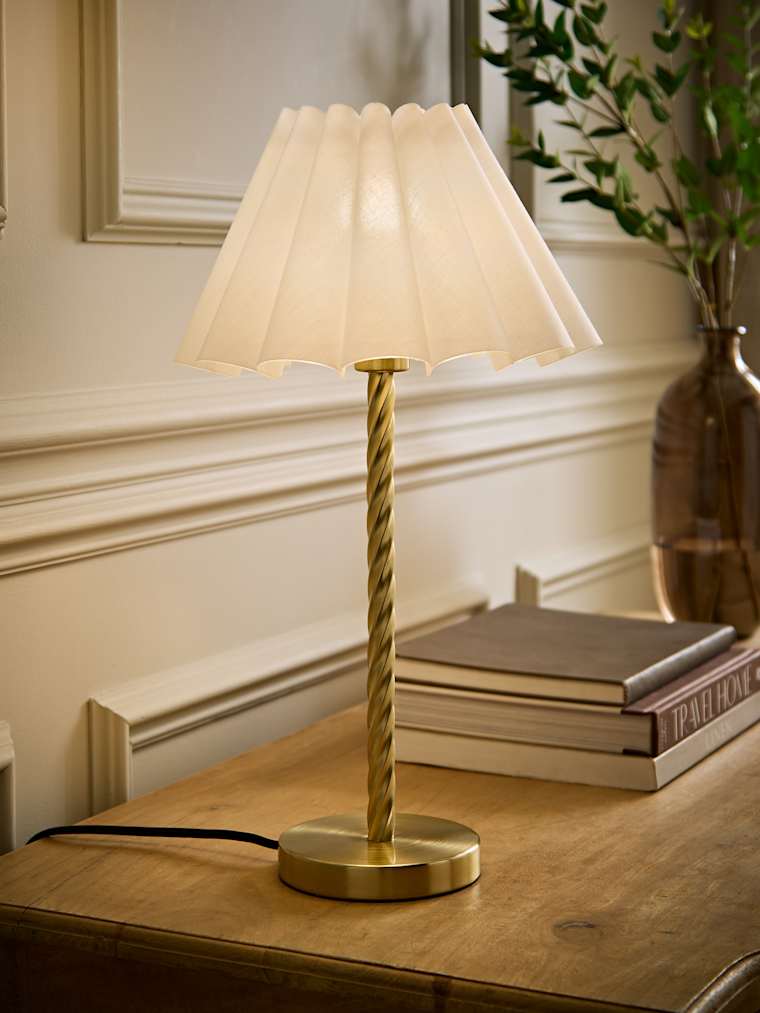 Brushed Gold Twisted Stem Table Lamp with White Pleated Taper Shade