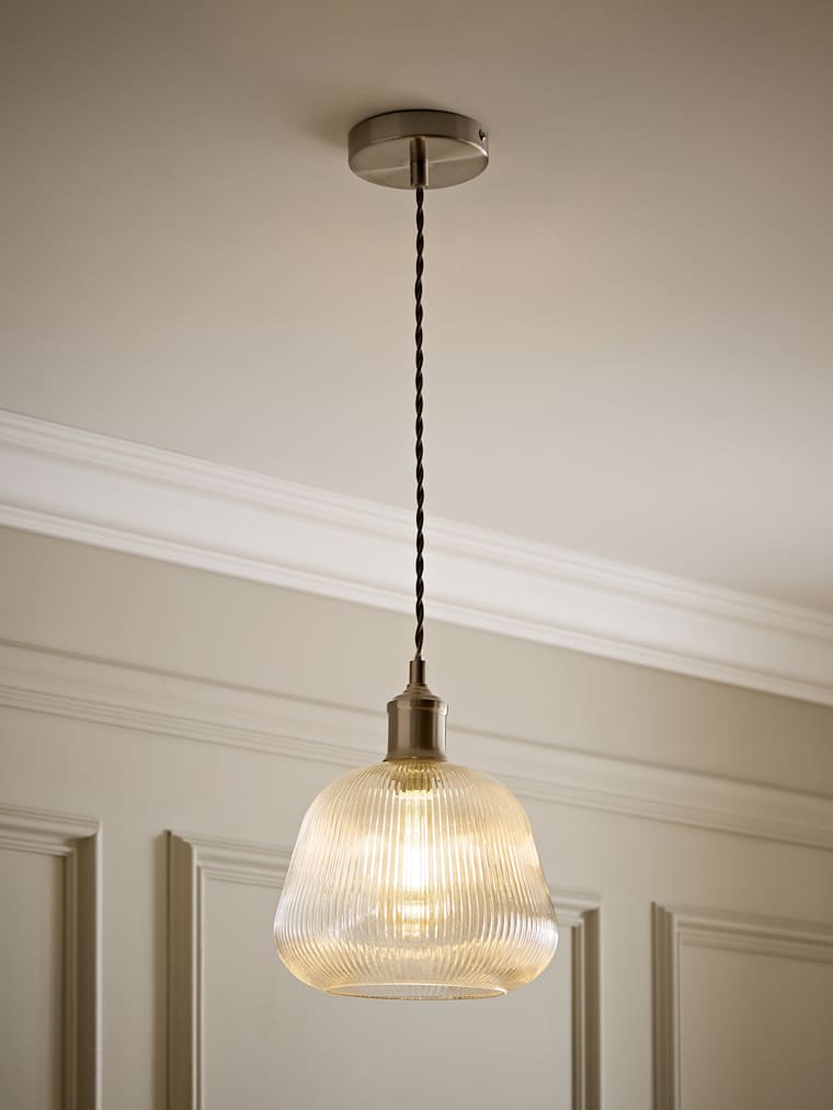Brushed Chrome and Ribbed Glass Bell Pendant Ceiling Light