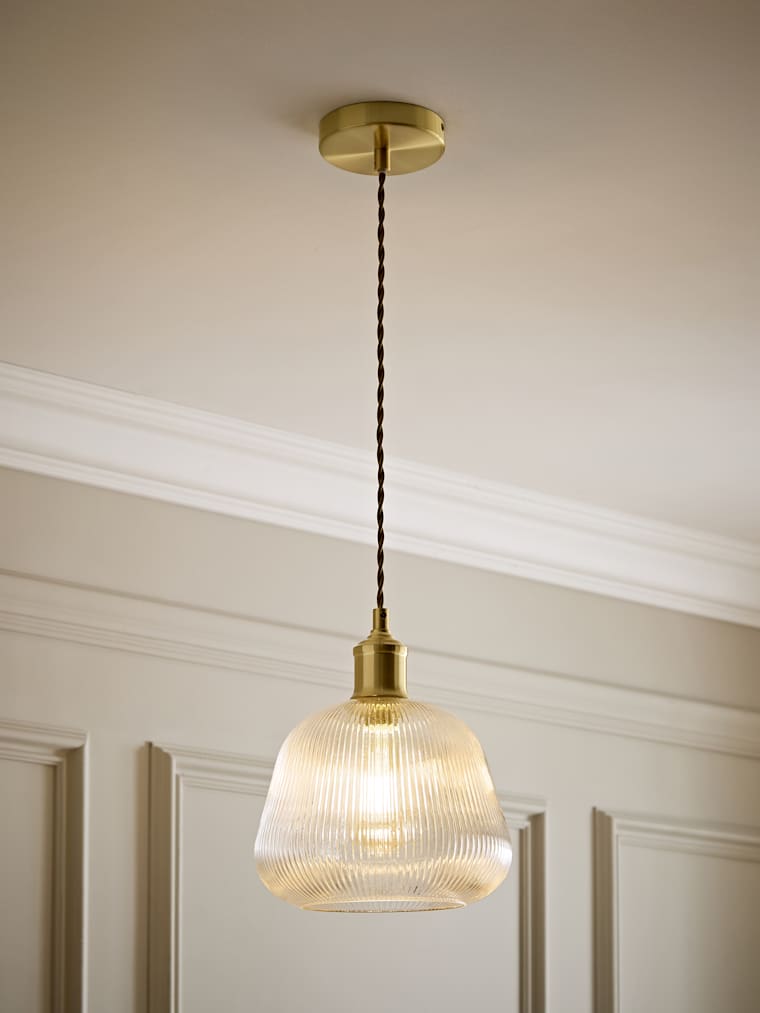 Brushed Gold and Ribbed Glass Bell Pendant Ceiling Light