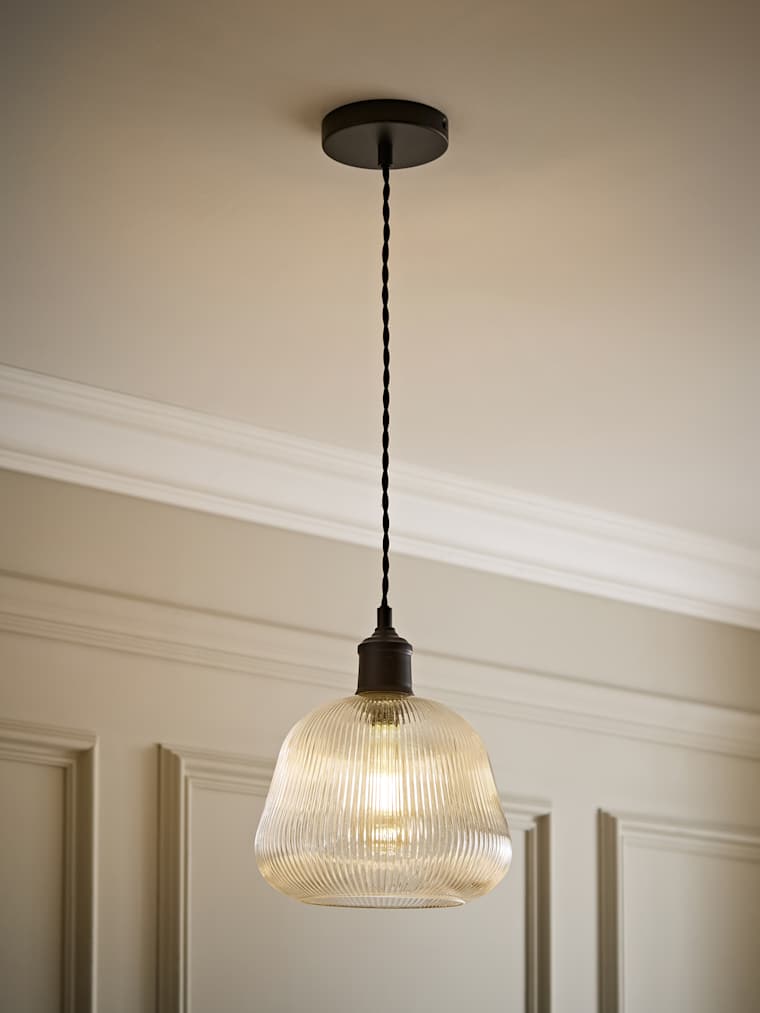 Matte Black and Ribbed Glass Bell Pendant Ceiling Light