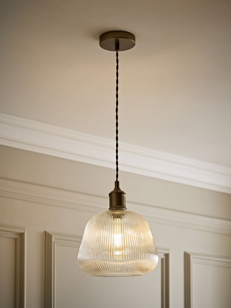 Brushed Brass and Ribbed Glass Bell Pendant Ceiling Light