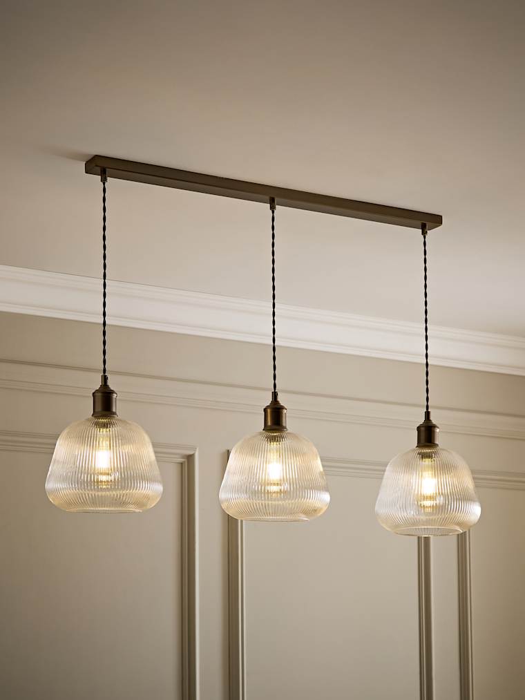 Brushed Brass and Ribbed Glass Bell 3 Drop Diner Ceiling Light