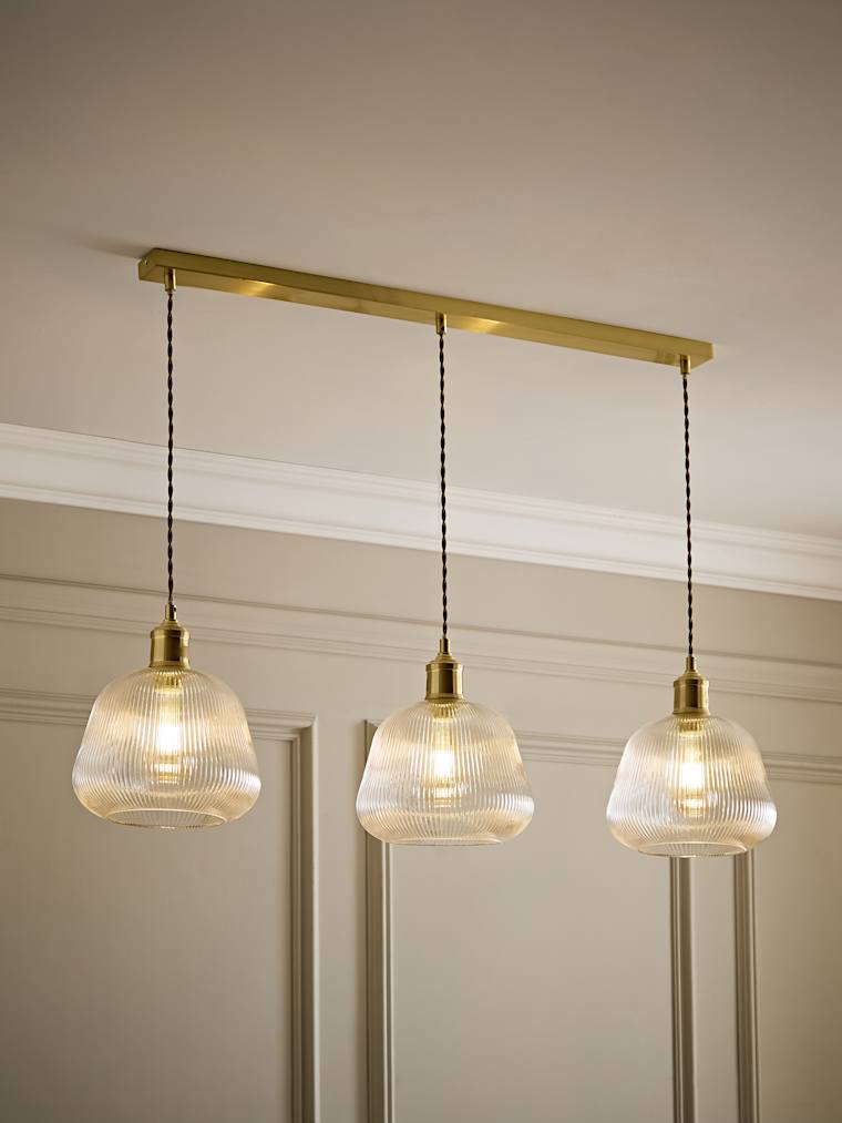 Brushed Gold and Ribbed Glass Bell 3 Drop Diner Ceiling Light