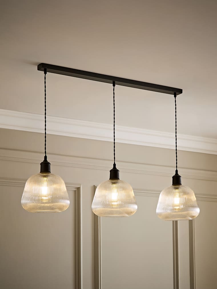 Matte Black and Ribbed Glass Bell 3 Drop Diner Ceiling Light