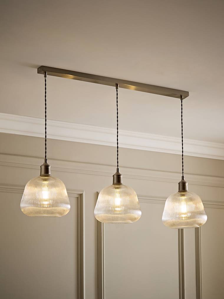 Brushed Chrome and Ribbed Glass Bell 3 Drop Diner Ceiling Light