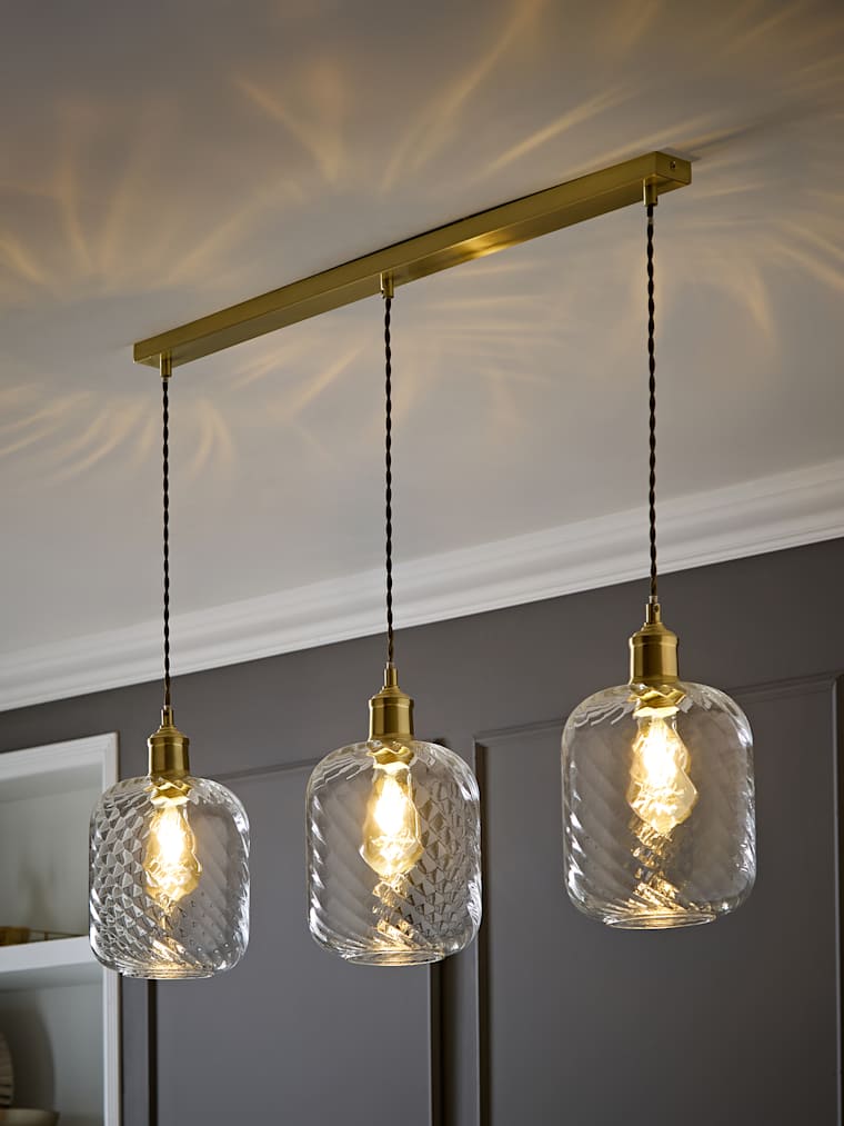 Brushed Gold and Clear Swirl Glass 3 Drop Diner Ceiling Light