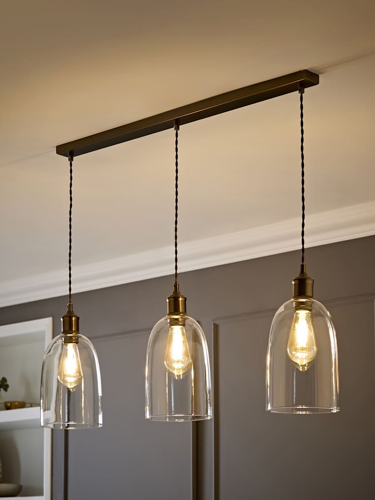 Brushed Brass and Clear Glass Dome 3 Drop Diner Ceiling Light