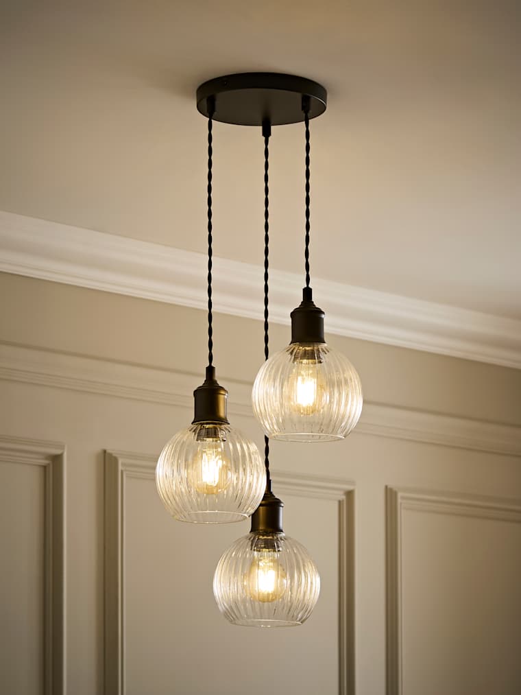 Matte Black and Ribbed Glass Dome 3 Drop Diner Ceiling Light