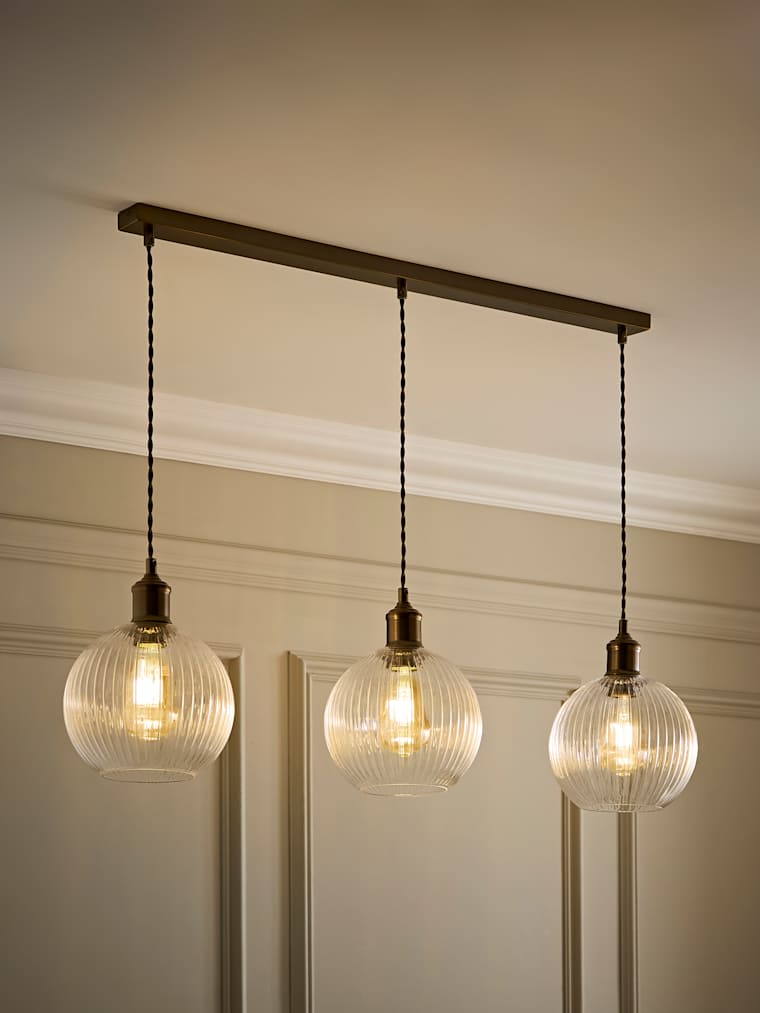 Brushed Brass and Ribbed Glass Dome 3 Drop Diner Ceiling Light
