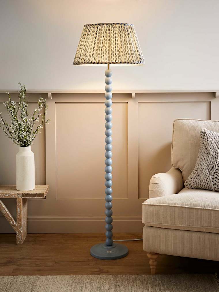Powder Blue Bobbin Floor Lamp with Blue Floral Pleated Shade