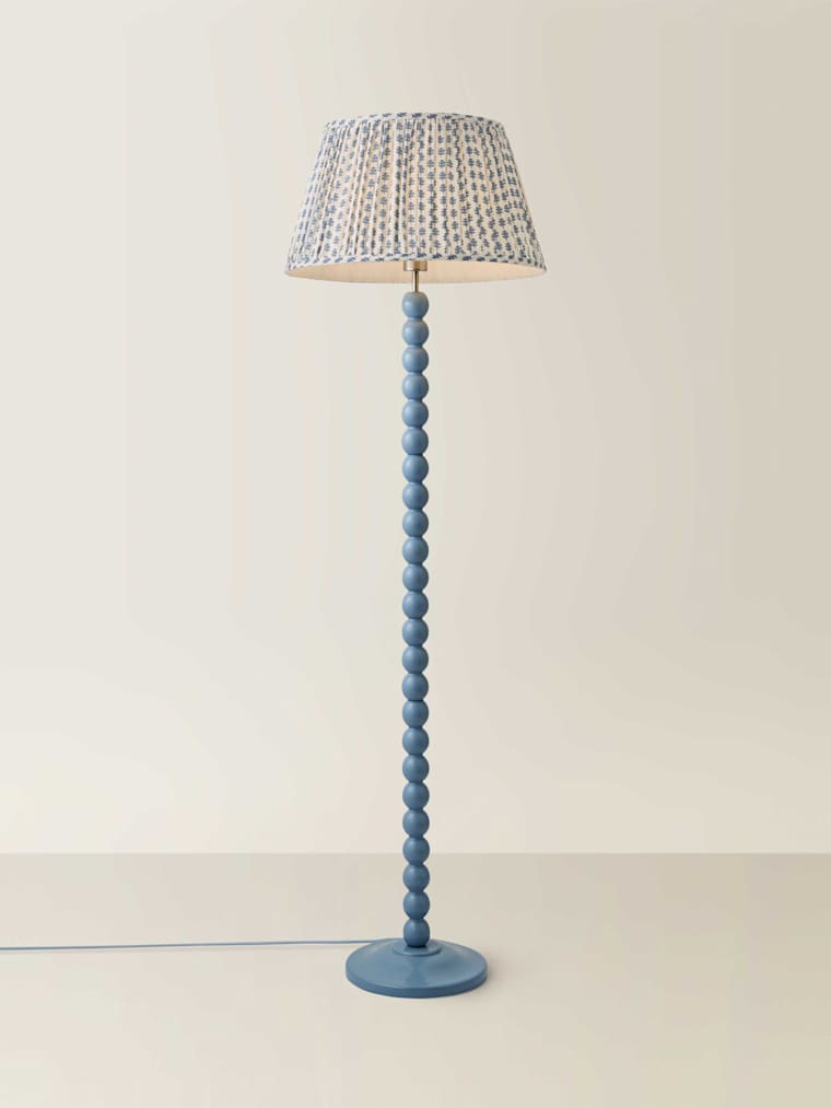 Powder Blue Bobbin Floor Lamp with Blue Floral Pleated Shade