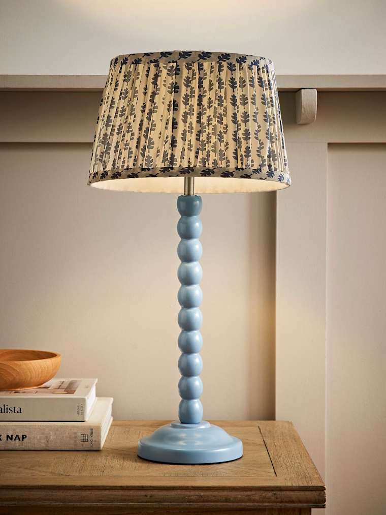 Powder Blue Bobbin Table Lamp with Blue Floral Pleated Shade