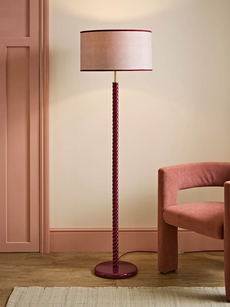 Pink Wooden Twist Floor Lamp with Trim Drum Shade
