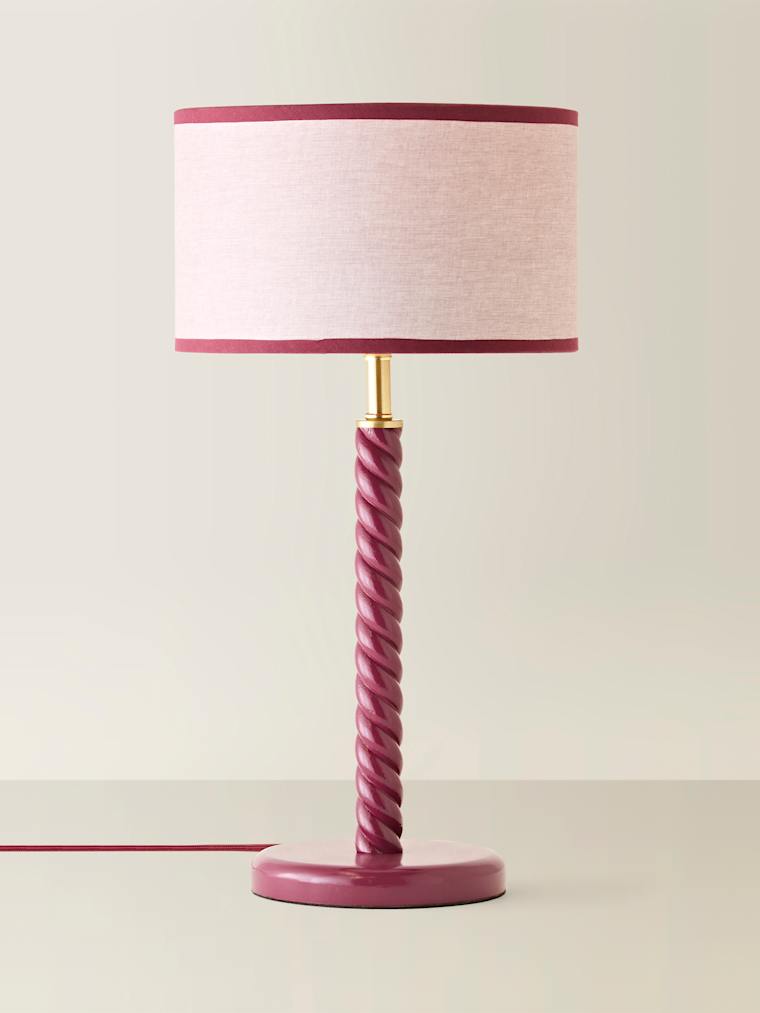 Pink Wooden Twist Table Lamp with Trim Drum Shade