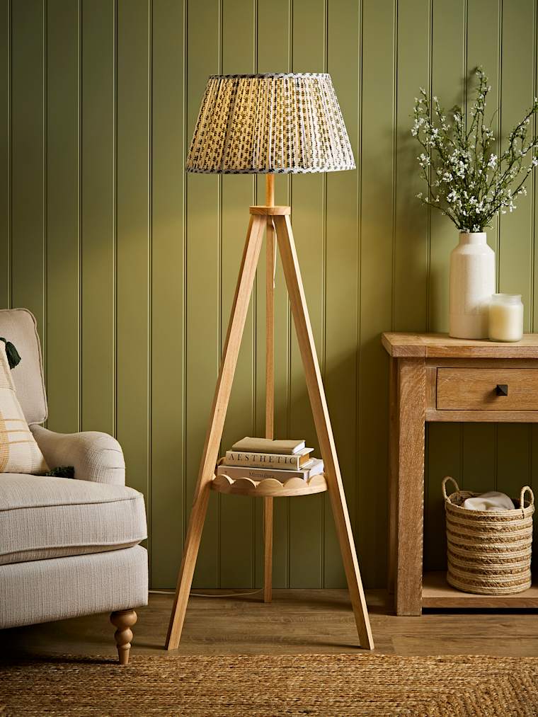Natural Scallop Shelf Tripod Floor Lamp with Green Ditsy Pleated Taper Shade