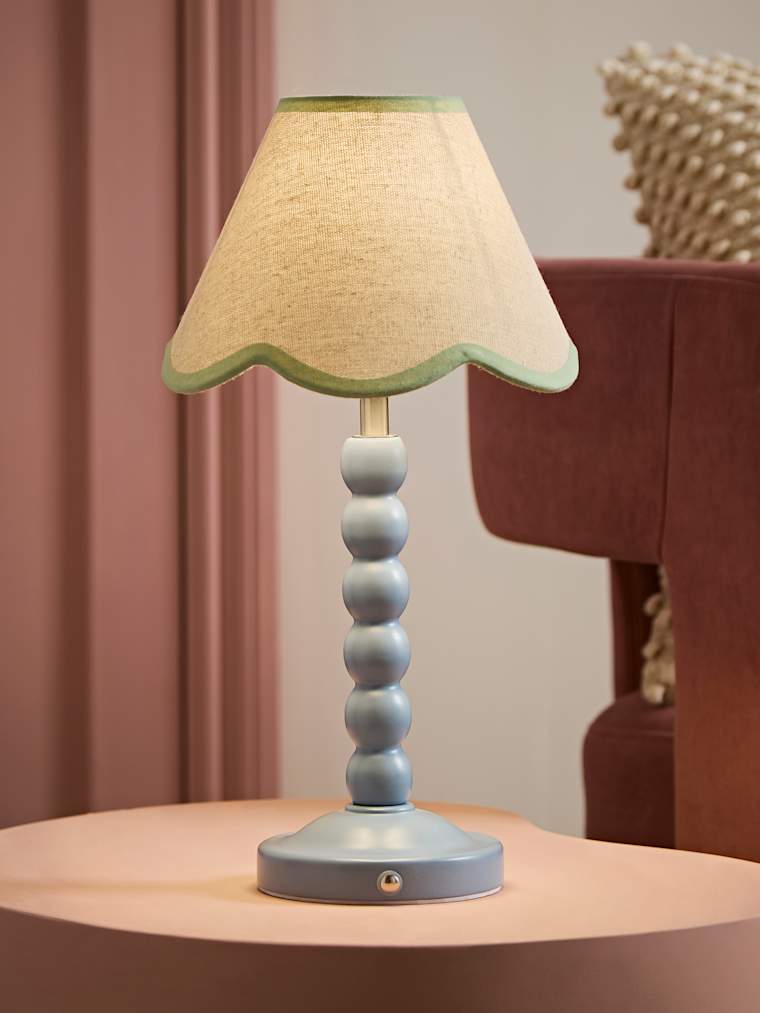 Powder Blue Bobbin Rechargeable Table Lamp with Green Trim Scallop Shade