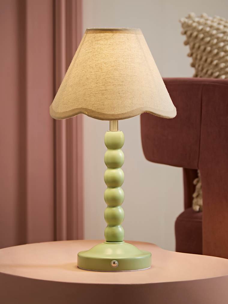 Sage Green Bobbin Rechargeable Table Lamp with Natural Trim Scallop Shade