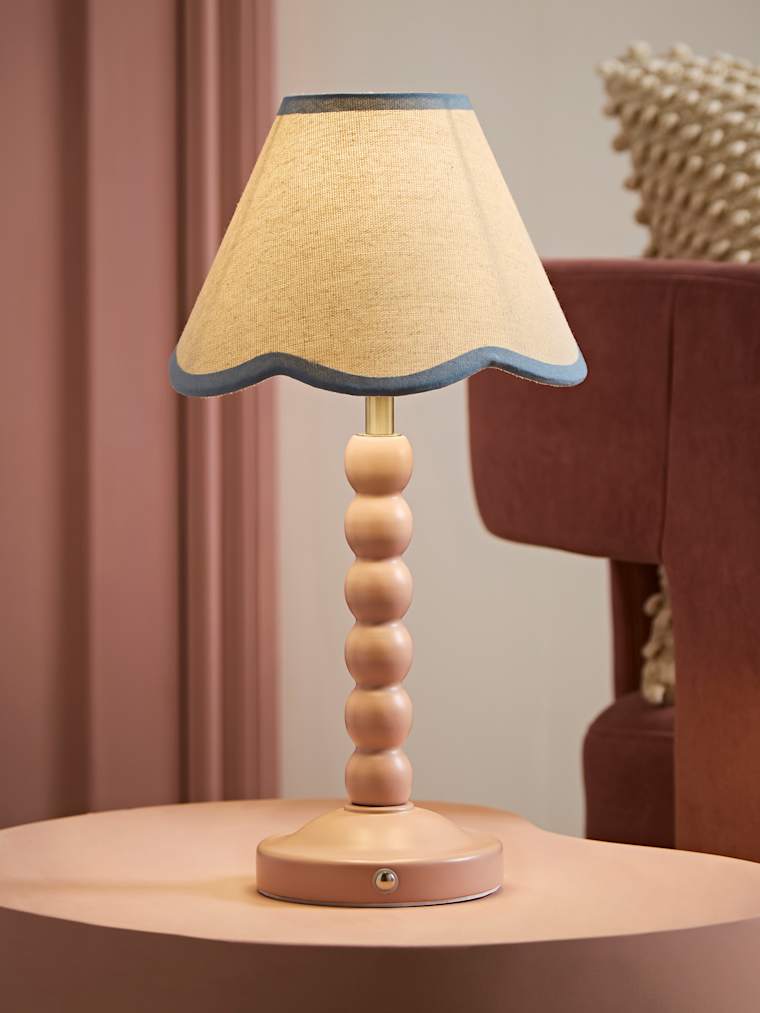 Rose Pink Bobbin Rechargeable Table Lamp with Blue Trim Scallop Shade