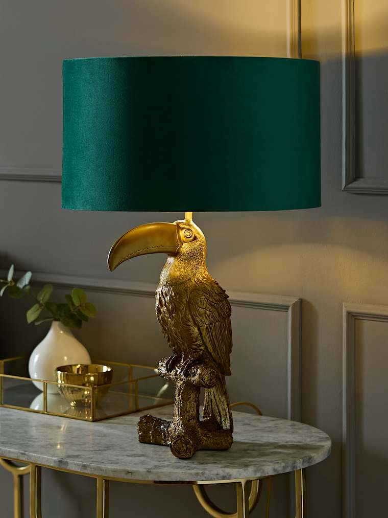Brushed Bronze Toucan Table Lamp with Green Velvet and Gold Drum Shade