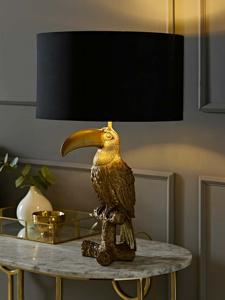 Brushed Bronze Toucan Table Lamp with Black and Gold Drum Shade