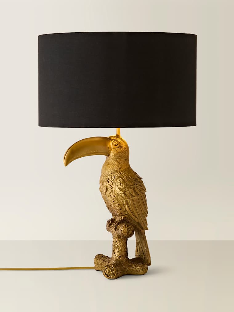 Brushed Bronze Toucan Table Lamp with Black and Gold Drum Shade