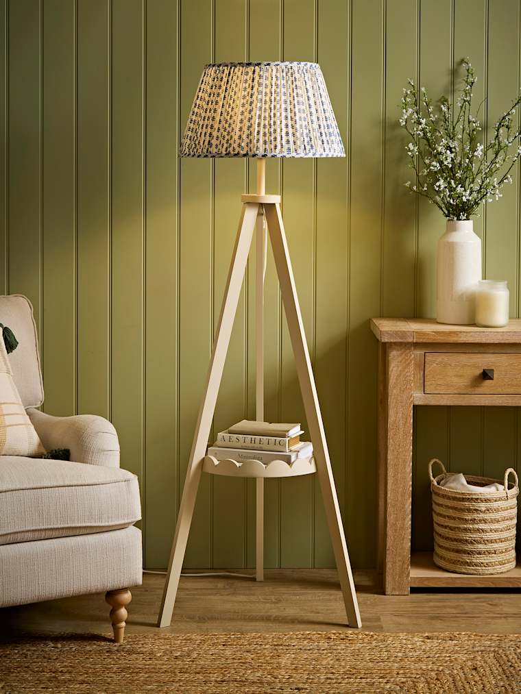 Cream Scallop Shelf Tripod Floor Lamp with Navy Ditsy Pleated Taper Shade
