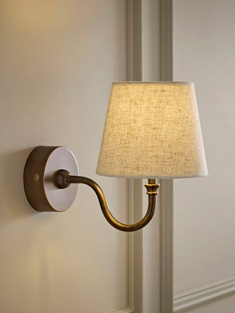 Brushed Brass Rechargeable Semi Flush Wall Light with Linen Taper Shade