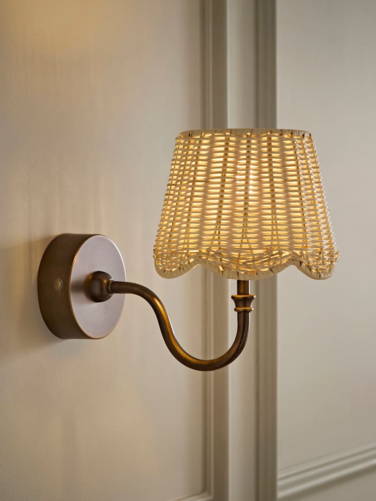 Brushed Brass Rechargeable Semi Flush Wall Light with Rattan Taper Shade