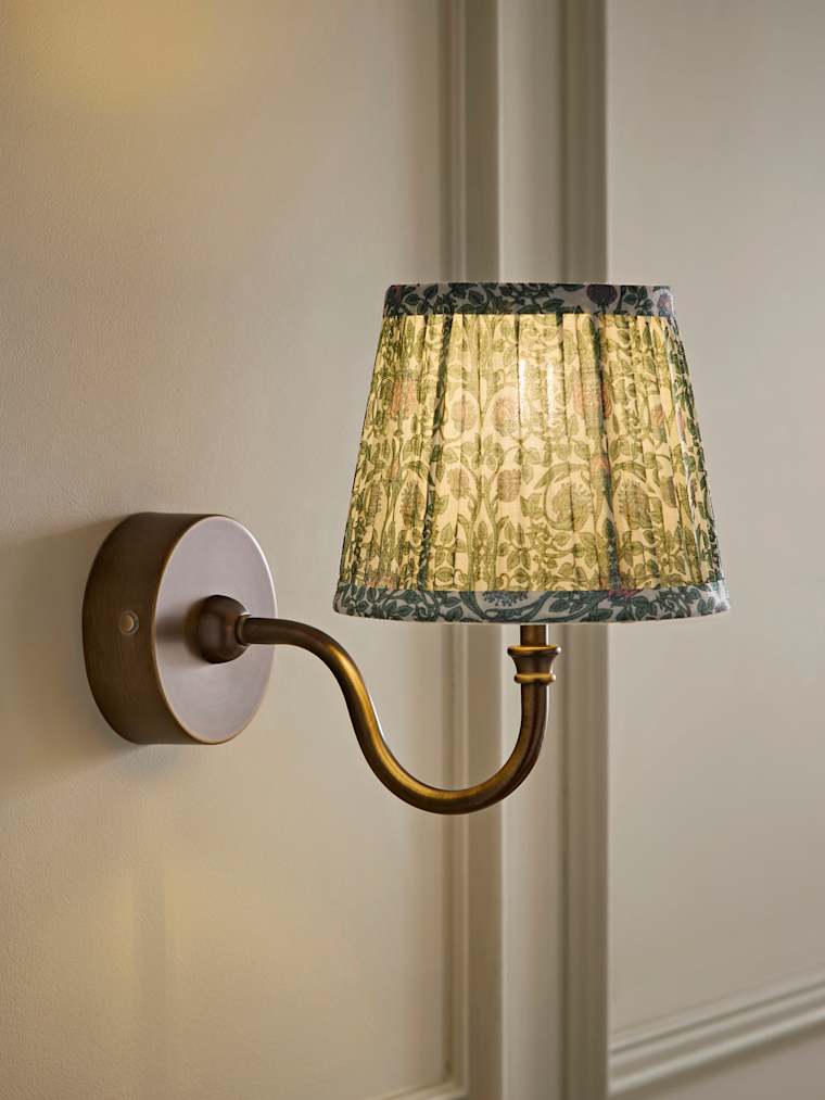 Pair of Brushed Brass Rechargeable Semi Flush Wall Lights with Floral Pleated Shades