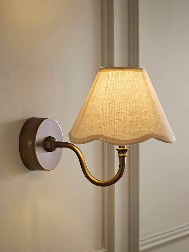 Brushed Brass Rechargeable Semi Flush Wall Light with Natural Scallop Trim Shade