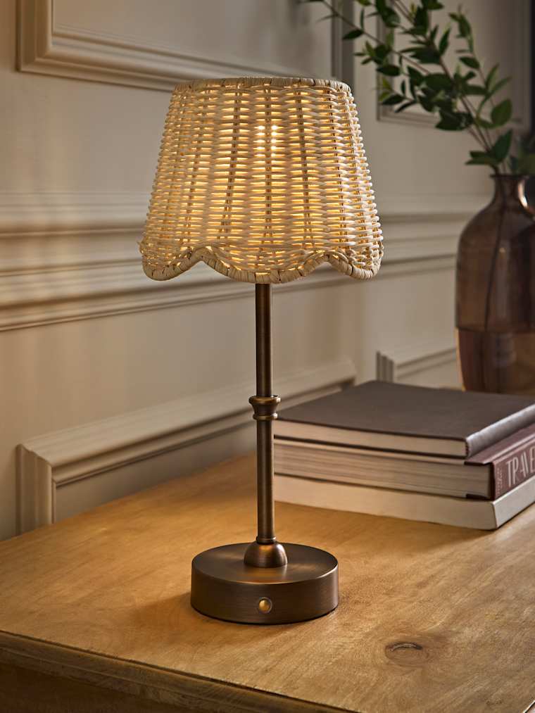 Brushed Brass Rechargeable Candlestick Table Lamp with Rattan Shade