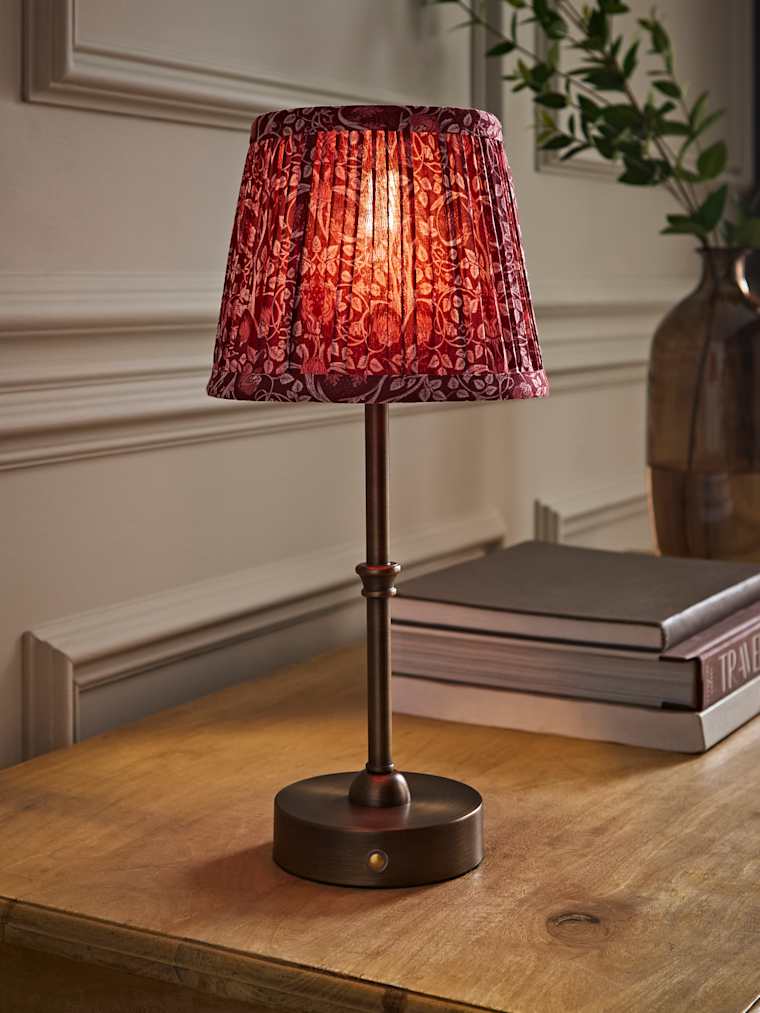 Brushed Brass Rechargeable Candlestick Table Lamp with Burgundy Floral Pleated Shade